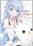  1girl ahoge amatsuka_uto animal aqua_hair bangs bird blue_eyes blue_ribbon blush border choker dress eyebrows_visible_through_hair grey_border hair_ornament hairclip happy_birthday highres holding holding_animal holding_bird indie_virtual_youtuber light_blue_hair looking_at_viewer multicolored_hair nana_kagura off-shoulder_dress off_shoulder open_mouth ribbon ribbon_choker shoulder_strap tenshimp two-tone_hair two_side_up virtual_youtuber white_dress white_ribbon wing_hair_ornament 