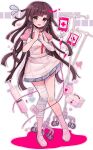  1girl apron bandaged_arm bandages bandaid bandaid_on_knee bangs blood blood_bag blush brown_hair danganronpa_(series) danganronpa_2:_goodbye_despair eyebrows_visible_through_hair full_body grey_apron grey_legwear heart highres izumi_(yuyuyusura) long_hair mole mole_under_eye open_mouth outline own_hands_together pink_shirt pleated_skirt puffy_short_sleeves puffy_sleeves shirt short_sleeves skirt socks solo standing syringe tears tsumiki_mikan white_background white_legwear white_outline 