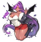  1girl \m/ bangs black_footwear boots borrowed_character breasts character_name cleavage coat commission dark_skin demon_girl demon_wings eyepatch fox_(shunao) full_body grin gurimjang high_heel_boots high_heels high_ponytail highres huge_breasts jumping legs_together long_hair off_shoulder original pointy_ears purple_hair purple_nails red_shorts shorts simple_background smile solo strap_slip tank_top thighs very_long_hair white_background white_tank_top wings yellow_eyes 