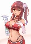  1girl absurdres bare_shoulders bra breasts cleavage elbow_gloves eyebrows_visible_through_hair feet_out_of_frame girls&#039;_frontline gloves hair_ornament hair_ribbon hairclip highres holding long_hair looking_away medium_breasts muteppona_hito navel open_mouth race_queen red_bra red_hair red_shorts red_tank_top ribbon saiga-12_(girls&#039;_frontline) shorts side_ponytail simple_background solo standing tank_top underwear white_gloves white_ribbon yellow_eyes 