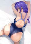  1girl ass back bangs blue_eyes blush braid breasts closed_mouth competition_swimsuit eyebrows_visible_through_hair hair_over_shoulder kanon large_breasts lips long_hair looking_at_viewer looking_back mature_female minase_akiko mitarashi_kousei one-piece_swimsuit purple_hair sideboob single_braid smile solo swimsuit 