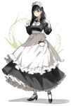  1girl apron bangs black_dress black_eyes black_footwear black_hair black_ribbon blunt_bangs blush breasts collared_dress commentary_request commission dress flower full_body high_heels highres lily_of_the_valley long_dress long_hair long_sleeves looking_at_viewer maid maid_headdress medium_breasts meido-fuku_ga_mitai neck_ribbon original petticoat pocket ribbon shadow simple_background skeb_commission smile solo standing strappy_heels v waist_apron white_background white_legwear 