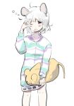  1girl ahoge animal_ears chidori_nekoro commentary_request feet_out_of_frame grey_hair holding holding_stuffed_toy mouse_ears mouse_tail nazrin nightshirt one_eye_closed short_hair sleep_bubble sleepwear sleepy stuffed_animal stuffed_mouse stuffed_toy tail touhou yawning 