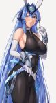  1girl armpits azur_lane bangs bare_shoulders blue_eyes blue_hair blush bodystocking breasts closed_mouth clothes_lift collarbone commentary covered_navel cowboy_shot dress dress_lift elbow_gloves eyebrows_visible_through_hair gloves groin hair_between_eyes hair_intakes hand_up headgear large_breasts lifted_by_self long_hair looking_at_viewer new_jersey_(azur_lane) sarhce sideboob sidelocks simple_background solo standing taut_clothes vambraces very_long_hair white_background white_dress white_gloves 