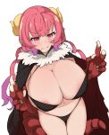  1girl areolae black_panties blush bra bra_lift breasts cape claws cleavage commentary curled_horns dragon_girl english_commentary fang fang_out frown gradient_hair highres horns huge_breasts ilulu_(maidragon) kobayashi-san_chi_no_maidragon long_hair looking_at_viewer multicolored_hair navel panties pink_hair pointy_ears purple_hair red_eyes shiny shiny_hair shiny_skin slit_pupils solo sweatdrop tail todding twintails underwear v 