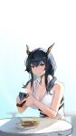  1girl absurdres arknights artist_name bangs black_hair breasts ch&#039;en_(arknights) cleavage collar commentary cup dragon_girl dragon_horns food hair_between_eyes highres holding holding_cup horns jewelry long_hair looking_at_viewer midoku open_mouth plate red_eyes ring sandwich shirt sleeveless sleeveless_shirt solo table teeth twintails white_shirt 