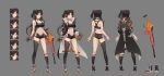  1girl absurdres ass asymmetrical_legwear back bandaid bare_arms bare_shoulders battle_rifle bell black_choker black_coat black_gloves black_hair black_legwear black_shirt black_shorts breasts choker coat collarbone commission crop_top ear_piercing expressions fn_fal from_behind full_body gloves gun highres hip_vent holding holding_gun holding_weapon incredibly_absurdres jingle_bell kirr_rr kneehighs large_breasts long_hair looking_at_viewer micro_shorts midriff mole mole_on_thigh multiple_views navel nero_(shirone) open_clothes open_coat open_fly orange_panties original panties piercing red_eyes revealing_clothes rifle second-party_source shirt shoes short_shorts shorts single_kneehigh single_thighhigh skindentation sleeveless sleeveless_shirt sneakers standing stomach taut_clothes taut_shirt thighhighs thighs two_side_up underwear very_long_hair wavy_hair weapon 