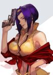  1girl aqua_eyes breasts clothes_around_waist collarbone cowboy_bebop crop_top faye_valentine feet_out_of_frame gun hairband handgun hungry_clicker large_breasts lips lipstick looking_at_viewer makeup navel purple_hair red_shirt shirt shirt_around_waist short_hair short_shorts shorts smile solo suspenders weapon 