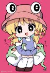  1girl animal_print bangs black_eyes blonde_hair blush brown_footwear chibi eyebrows_visible_through_hair frog frog_print full_body hat long_hair long_sleeves looking_at_viewer magenta_background medium_hair moriya_suwako open_mouth purple_skirt purple_vest ramudia_(lamyun) red_ribbon ribbon shoes simple_background skirt skirt_set sleeves_past_fingers sleeves_past_wrists smile solo thighhighs touhou turtleneck twitter_username vest white_legwear wide_sleeves 