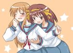  aki_masanari asahina_mikuru bangs blue_sailor_collar breast_grab breasts brown_hair female_pervert grabbing kita_high_school_uniform large_breasts long_sleeves multiple_girls pervert sailor_collar school_uniform serafuku short_hair suzumiya_haruhi suzumiya_haruhi_no_yuuutsu yuri 