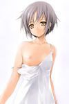  bangs breasts brown_eyes collarbone dress expressionless eyebrows_visible_through_hair gradient gradient_background head_tilt ishikei looking_at_viewer nagato_yuki nipples no_bra one_breast_out short_hair silver_hair small_breasts solo strap_slip suzumiya_haruhi_no_yuuutsu white_dress 