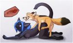  anthro aseethe bestiality black_nose blue_hair canine cat claws digital_media_(artwork) duo feline female feral fox hair male male/female mammal open_mouth pawpads paws sex simple_background teeth tongue 