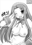  breasts fang greyscale large_breasts long_hair long_sleeves maid monochrome nipples solo suzumiya_haruhi_no_yuuutsu tsuruya very_long_hair zanzi 