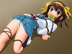  bdsm bondage bound breast_bondage breasts brown_hair crotch_rope gag gagged improvised_gag kannazuki_okuto long_sleeves medium_breasts rope shibari shibari_over_clothes short_hair solo suzumiya_haruhi suzumiya_haruhi_no_yuuutsu tape tape_gag 