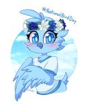 2019 anthro avian beak bird blue_beak blue_eyes blue_feathers blush clothed clothing english_text feathers female flower_crown fluffysmolcloud looking_at_viewer meme shirt simple_background smile solo text tweetfur twitter wings 