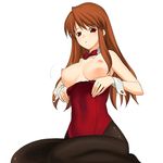  a1 asahina_mikuru bangs breasts large_breasts leotard nipples pantyhose red_eyes red_leotard solo suzumiya_haruhi_no_yuuutsu undressing 