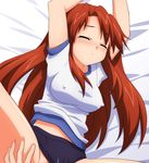  asahina_mikuru bed blush breasts buruma buruma_aside closed_eyes covered_nipples gym_uniform long_hair lying medium_breasts on_back solo spread_legs sugimura_tomokazu suzumiya_haruhi_no_yuuutsu 