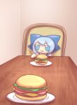  1girl artist_name bangs blue_bow blue_dress blue_eyes blue_hair bow burger chair chibi cirno collared_shirt commentary dress english_commentary food fumo_(doll) hair_bow indoors looking_at_viewer pinafore_dress plate pov red_neckwear red_ribbon ribbon shirt short_hair sitting skullchimes smile solo table touhou v-shaped_eyebrows watermark white_shirt wing_collar 
