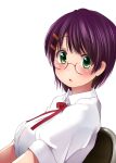 1girl copyright_request from_side glasses green_eyes hair_ornament hairclip kozue_akari looking_at_viewer looking_to_the_side neck_ribbon on_chair parted_lips puffy_short_sleeves puffy_sleeves purple_hair red-framed_eyewear red_ribbon ribbon school_uniform shirt short_hair short_sleeves simple_background sitting solo upper_body white_background white_shirt 