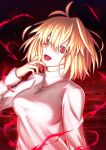  1girl antenna_hair arcueid_brunestud aura bangs blonde_hair blood breasts commentary_request dark_aura dark_persona eyebrows_visible_through_hair hair_between_eyes hair_intakes hand_on_own_face harukey highres jewelry long_sleeves looking_at_viewer medium_breasts necktie open_mouth pool_of_blood red_arcueid red_eyes short_hair slit_pupils solo sweater teeth tongue tsukihime tsukihime_(remake) turtleneck turtleneck_sweater upper_body upper_teeth white_sweater 