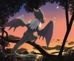  bird cloud commentary_request crescent from_behind no_humans noivern outdoors pokemon pokemon_(creature) silhouette sky solo torinoko_(miiko_draw) twilight yellow_eyes 