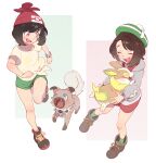  2girls :d bangs bare_legs beanie blush bob_cut boots bracelet brown_footwear brown_hair cable_knit cardigan closed_eyes commentary_request floral_print gloria_(pokemon) green_headwear green_legwear green_shorts grey_cardigan hat holding holding_pokemon hooded_cardigan jewelry knees leg_up multiple_girls open_mouth plaid plaid_legwear pokemon pokemon_(creature) pokemon_(game) pokemon_sm pokemon_swsh red_headwear rockruff selene_(pokemon) shirt shoes short_hair short_shorts short_sleeves shorts smile sneakers socks standing t-shirt tam_o&#039;_shanter teeth tied_shirt toku_(ke7416613) tongue upper_teeth yamper 