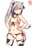  1girl ahoge alternate_costume animal_ears animal_print artist_logo asashimo_(kancolle) bell bikini breasts cow_ears cow_girl cow_horns cow_print cow_tail cowbell cowboy_shot dated eyebrows_visible_through_hair gradient_hair grey_eyes grin hair_over_one_eye hands_on_hips horns kanon_(kurogane_knights) kantai_collection long_hair looking_at_viewer multicolored_hair navel neck_bell one-hour_drawing_challenge ponytail print_bikini print_legwear purple_hair side-tie_bikini silver_hair simple_background small_breasts smile solo swimsuit tail teeth thighhighs very_long_hair white_background 