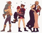  3boys 3girls aerith_gainsborough assertive_female bangs blonde_hair boots bow bracelet braid braided_ponytail brown_hair carrying cloud_strife commentary couple elf english_commentary final_fantasy final_fantasy_vii final_fantasy_vii_remake heart hood hooded_vest hoodie jewelry kairi_(kingdom_hearts) kingdom_hearts kingdom_hearts_iii leather leather_boots link multiple_boys multiple_girls pointy_ears princess_carry princess_zelda red_hair sera_(serappi) simple_background sleeveless smile sora_(kingdom_hearts) spiked_hair super_smash_bros. the_legend_of_zelda the_legend_of_zelda:_breath_of_the_wild turtleneck vest 