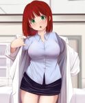  1girl black_skirt blue_shirt blurry blurry_background blush bra_visible_through_clothes breasts collared_shirt copyright_request cowboy_shot depth_of_field dressing green_eyes head_tilt indoors kozue_akari labcoat large_breasts long_hair looking_at_viewer miniskirt parted_lips pencil_skirt red_hair shirt skirt solo standing wing_collar 