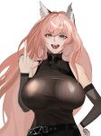  1girl absurdres animal_ear_fluff animal_ears belt black_belt black_bow black_bowtie black_shirt bow bowtie breasts eyebrows_visible_through_hair gcg girls&#039;_frontline girls&#039;_frontline_neural_cloud hand_on_hip highres large_breasts long_hair looking_at_viewer middle_finger off-shoulder_shirt off_shoulder open_mouth persicaria_(girls&#039;_frontline_nc) pink_eyes pink_hair shirt solo upper_body white_background 