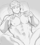  1boy bangs bara bed blush closed_eyes closed_mouth granblue_fantasy greyscale highres large_pectorals lying male_focus migi_(mm86262394) monochrome muscular muscular_male navel nipples nude on_back on_bed paw_pose pectorals short_hair solo spread_legs thick_thighs thighs vane_(granblue_fantasy) 