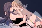  2girls azusawa_kohane black_hair blonde_hair blush brown_eyes commentary_request girl_on_top hand_in_another&#039;s_hair hand_on_another&#039;s_face imminent_kiss long_hair lying medium_hair multiple_girls on_back project_sekai shiraishi_an xuan yuri 