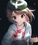  1girl aru_(citrine_drplt) bangs brown_eyes brown_hair buttons cable_knit cardigan closed_mouth collared_dress commentary dress gloria_(pokemon) green_headwear grey_cardigan hat highres holding holding_poke_ball hooded_cardigan long_hair looking_at_viewer pink_dress poke_ball poke_ball_(basic) pokemon pokemon_(game) pokemon_swsh smile solo tam_o&#039;_shanter upper_body 