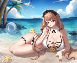  &gt;_&lt; 1girl absurdres azur_lane ball beach beachball bikini black_headband blue_sky breasts chinese_commentary collar commentary_request cross-laced_bikini cross-laced_clothes detached_collar frilled_hairband frills full_body hairband headband highres hongyouling huge_breasts looking_at_viewer lying maid_bikini manjuu_(azur_lane) mole mole_under_mouth multi-strapped_bikini official_alternate_costume on_side palm_tree red_eyes sky solo starfish summer swiftsure_(azur_lane) swiftsure_(midsummer_special_service)_(azur_lane) swimsuit tree two-tone_bikini water white_bikini white_bird white_collar wrist_cuffs 