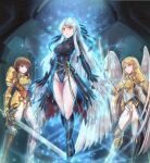  3girls absurdres adapted_costume angel_wings armor armored_boots ashera_(fire_emblem) aura bangs black_leotard blonde_hair blue_eyes blush boots breastplate breasts brown_hair circlet commentary_request commission corruption covered_navel dark_persona feathered_wings fire_emblem fire_emblem:_radiant_dawn gauntlets green_eyes groin hair_ribbon half_updo highleg highleg_leotard highres holding holding_sword holding_weapon indoors large_breasts leanne_(fire_emblem) leebigtree leotard long_hair long_sleeves looking_at_viewer micaiah_(fire_emblem) mist_(fire_emblem) multiple_girls polearm ribbon silver_hair skin_tight spear sword thigh_boots thighhighs tight turtleneck very_long_hair weapon white_wings wings yellow_eyes 