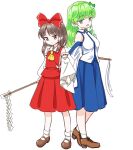  2girls ascot back-to-back black_footwear blue_dress blue_skirt bow breasts brown_eyes brown_footwear brown_hair collar collared_shirt commentary_request detached_sleeves dress flat_chest frog_hair_ornament full_body gohei green_eyes green_hair hair_bow hair_ornament hair_tubes hakurei_reimu height_difference high_heels highres kochiya_sanae long_hair long_skirt looking_at_viewer mary_janes medium_breasts multiple_girls nontraditional_miko red_bow red_shirt red_skirt ribbon-trimmed_sleeves ribbon_trim s-a-murai shirt shoes short_hair sidelocks simple_background skirt skirt_set sleeveless sleeveless_shirt snake_hair_ornament socks thighhighs touhou white_background white_collar white_legwear white_shirt yellow_ascot 