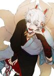  1boy animal_ears bangs black_kimono black_legwear bridal_gauntlets brown_footwear commentary_request eyebrows_visible_through_hair fangs finger_in_mouth fox_boy fox_ears fox_tail from_above gintama hair_between_eyes highres japanese_clothes kemonomimi_mode kimono kyuubi looking_at_viewer looking_up male_focus multiple_tails red_eyes sakata_gintoki simple_background sitting socks solo tail twitter_username uraki_(tetsu420) white_background white_kimono white_legwear zouri 