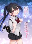  1girl :d backpack bag bangs black_hair blush bow bowtie breasts collar ear_piercing earrings highres jewelry looking_at_viewer open_mouth original piercing pleated_skirt purple_eyes ring school_uniform skirt smile solo suga_hideo teeth translation_request twintails 