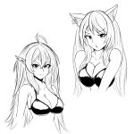  &gt;:) 2girls animal_ear_fluff animal_ears antenna_hair arknights bare_shoulders bikini breasts cat_ears cleavage collarbone commentary cropped_torso earrings english_commentary eyelashes gavial_(arknights) greyscale highres jewelry kentumatsu large_breasts long_hair looking_at_viewer monochrome multiple_girls parted_lips pointy_ears simple_background skyfire_(arknights) smile swimsuit upper_body v-shaped_eyebrows white_background 