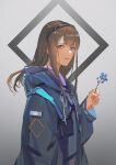  1girl arknights black_jacket blue_flower brown_hair commentary_request flower gradient gradient_background holding holding_flower jacket priestess_(arknights) purple_eyes rhombus shenji_laurant 