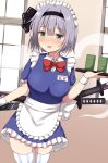  1girl alternate_costume apron bangs black_hairband blue_dress blue_eyes blush bow bowtie breasts collared_shirt commentary_request cup dress enmaided guard_vent_jun hairband highres katana konpaku_youmu konpaku_youmu_(ghost) looking_to_the_side maid maid_apron maid_headdress medium_breasts nose_blush open_mouth puffy_short_sleeves puffy_sleeves red_bow red_bowtie scabbard sheath shirt short_hair short_sleeves shouji silver_hair sliding_doors solo sword teacup thighhighs touhou tray weapon white_legwear white_shirt wing_collar wrist_cuffs 