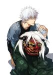  1boy bangs black_pants black_shirt bottle commentary_request eyebrows_visible_through_hair gintama grey_hair hair_between_eyes highres holding holding_bottle lion_dance looking_at_viewer male_focus open_clothes pants parted_lips sakata_gintoki shadow shirt shishimai solo squatting sweat uraki_(tetsu420) water_bottle white_background 