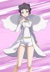  1girl absurdres bare_legs black_hair blue_eyes closed_mouth coat collarbone commentary_request diantha_(pokemon) highres jewelry long_sleeves looking_at_viewer open_clothes open_coat pendant pokemon pokemon_(game) pokemon_xy purple_background shirt short_hair short_shorts shorts smile solo standing tsukishiro_saika white_coat white_shirt white_shorts 