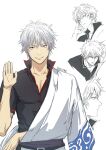  1boy black_shirt closed_mouth commentary_request ear_picking gintama grey_hair hadanugi_dousa highres japanese_clothes kimono long_sleeves looking_at_viewer male_focus multiple_views parted_lips profile red_eyes ribbon-trimmed_sleeves ribbon_trim sakata_gintoki shirt short_sleeves simple_background smile twitter_username uraki_(tetsu420) white_background white_kimono 