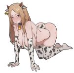  1girl 5t_(5t_000) absurdres all_fours animal_ears animal_print bangs bell bikini blonde_hair blush breasts closed_mouth collar commentary cow_ears cow_horns cow_print cowbell earclip elbow_gloves english_commentary gloves grey_eyes hanging_breasts highres horns huge_breasts long_hair looking_at_viewer metal_collar mole mole_under_eye neck_bell original parted_bangs partially_fingerless_gloves simple_background solo sweat swimsuit thighhighs white_background 