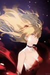  1girl alternate_eye_color black_choker blonde_hair bodysuit breasts choker cleavage collarbone commentary_request dark_background floating_hair hair_ornament hair_over_one_eye highres long_hair looking_at_viewer neon_genesis_evangelion parted_lips plugsuit purple_eyes red_bodysuit siino single_bare_shoulder small_breasts solo souryuu_asuka_langley torn_bodysuit torn_clothes twitter_username upper_body very_long_hair 