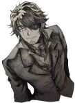  1boy bangs belmond_banderas choco_(chocovix112) closed_mouth collared_shirt commentary_request cropped_torso eyebrows_behind_hair eyepatch greyscale hair_between_eyes highres jacket long_hair looking_at_viewer male_focus monochrome nijisanji scar scar_across_eye shirt simple_background solo thick_eyebrows upper_body v-shaped_eyebrows very_long_hair virtual_youtuber white_background 