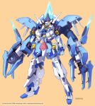  blue_eyes commentary_request full_body gundam highres looking_ahead mecha mecha_request mobile_suit no_humans orange_background science_fiction solo standing v-fin yanagi_joe 