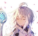  1girl ahoge closed_eyes eyelashes fate/grand_order fate_(series) grey_hair hair_between_eyes highres long_hair mage_staff merlin_(fate/prototype) petals solo upper_body white_background xhrp7772 