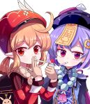  2girls ahoge backpack bag bag_charm bangs bead_necklace beads brown_gloves brown_scarf cabbie_hat cape charm_(object) chinese_clothes cigarette clover_print coat coin_hair_ornament commentary_request dodoco_(genshin_impact) earrings eyebrows_visible_through_hair genshin_impact gloves hair_between_eyes hat hat_feather hat_ornament highres holding holding_cigarette holding_lighter jewelry jiangshi klee_(genshin_impact) light_brown_hair lighter long_hair long_sleeves looking_at_viewer low_ponytail low_twintails mouth_hold multiple_girls necklace ofuda orange_eyes pointy_ears purple_eyes purple_hair qing_guanmao qiqi_(genshin_impact) randoseru red_coat red_headwear scarf sidelocks sseopik twintails white_background 